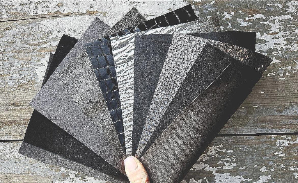 10 textured LEATHER scraps with special effects, decorative grain and printed finishes, designer mix in dark tones as shown RT204 Garzarara