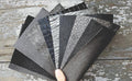 10 textured LEATHER scraps with special effects, decorative grain and printed finishes, designer mix in dark tones as shown RT204 Garzarara