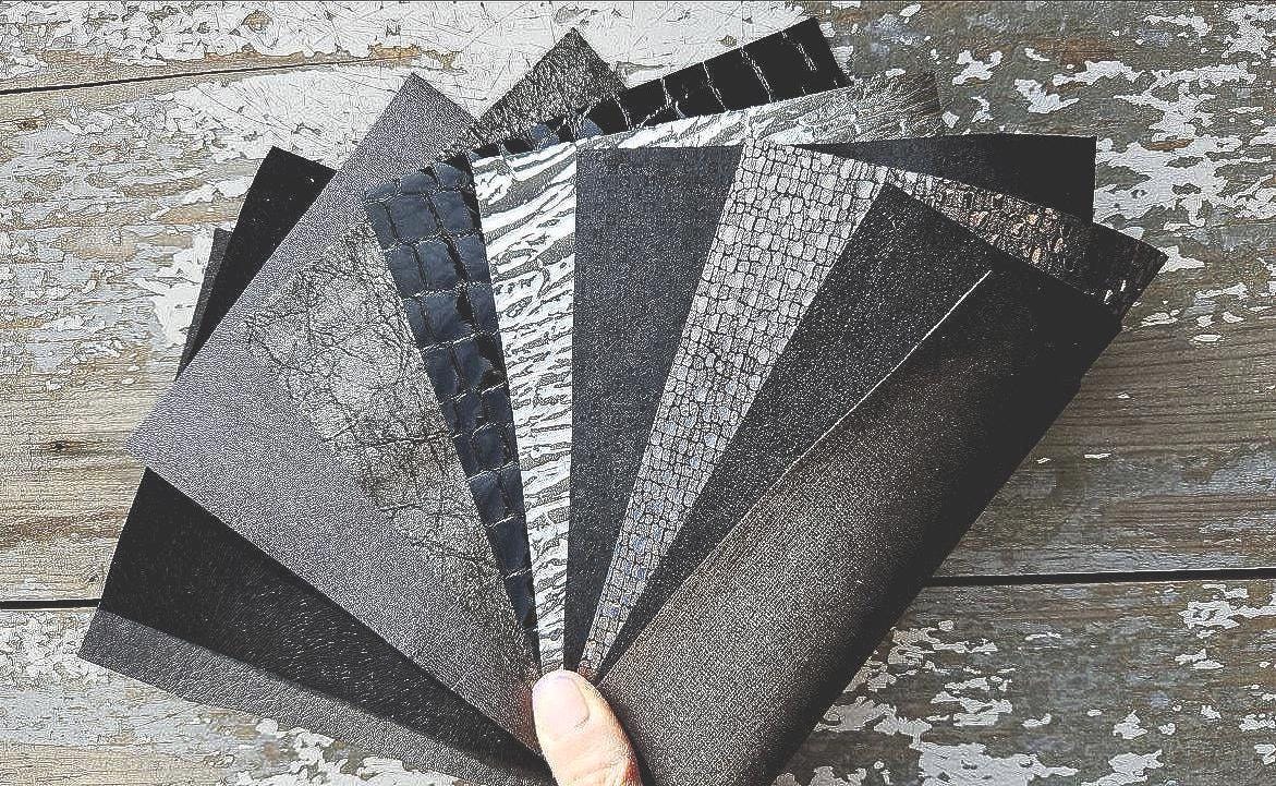 10 textured LEATHER scraps with special effects, decorative grain and printed finishes, designer mix in dark tones as shown RT204 Garzarara