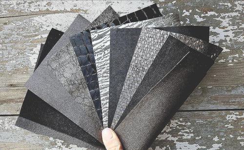 10 textured LEATHER scraps with special effects, decorative grain and printed finishes, designer mix in dark tones as shown RT204 Garzarara