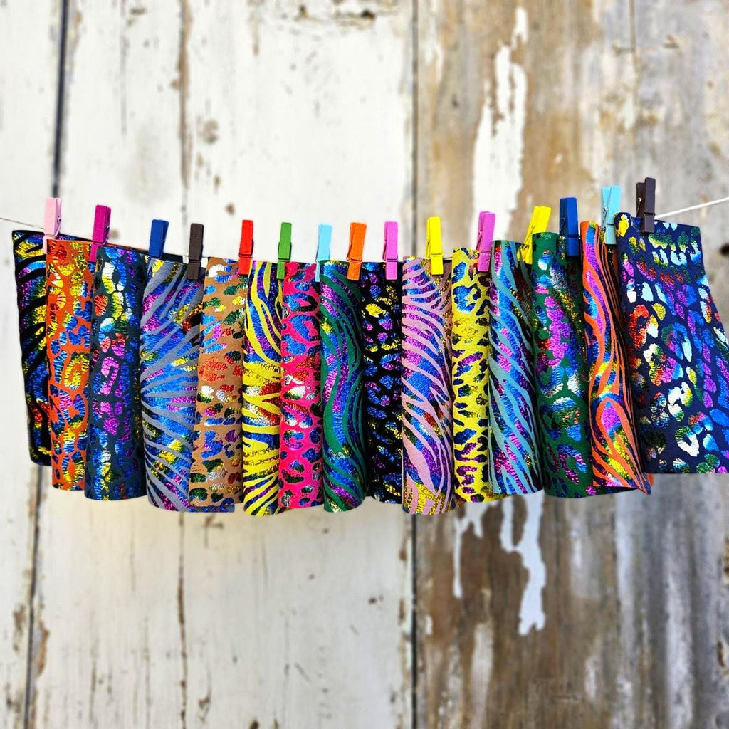 Rainbow Holographic Leather Scraps, Shimmer Metallic Offcuts, Colorful Animal Print Leather Pieces 6x5" / 15x12 cm RT222