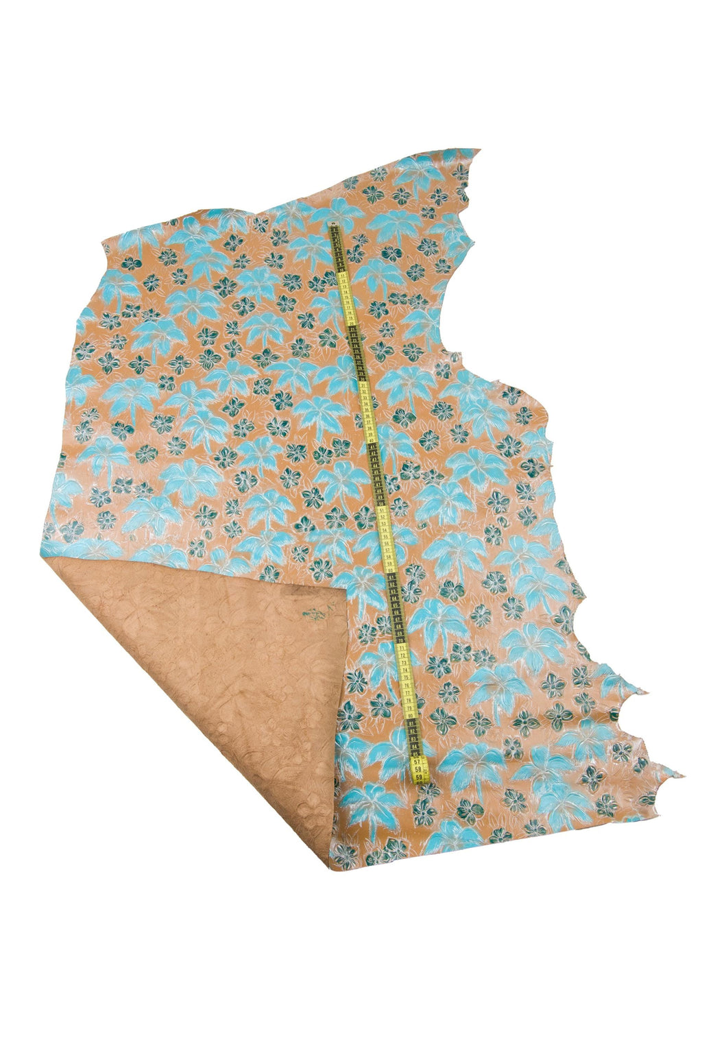 FLORAL printed leather hide, green and turchoise flower texture - with silver borders - on brown calfskin, fine embossed cowhide B18496-ST