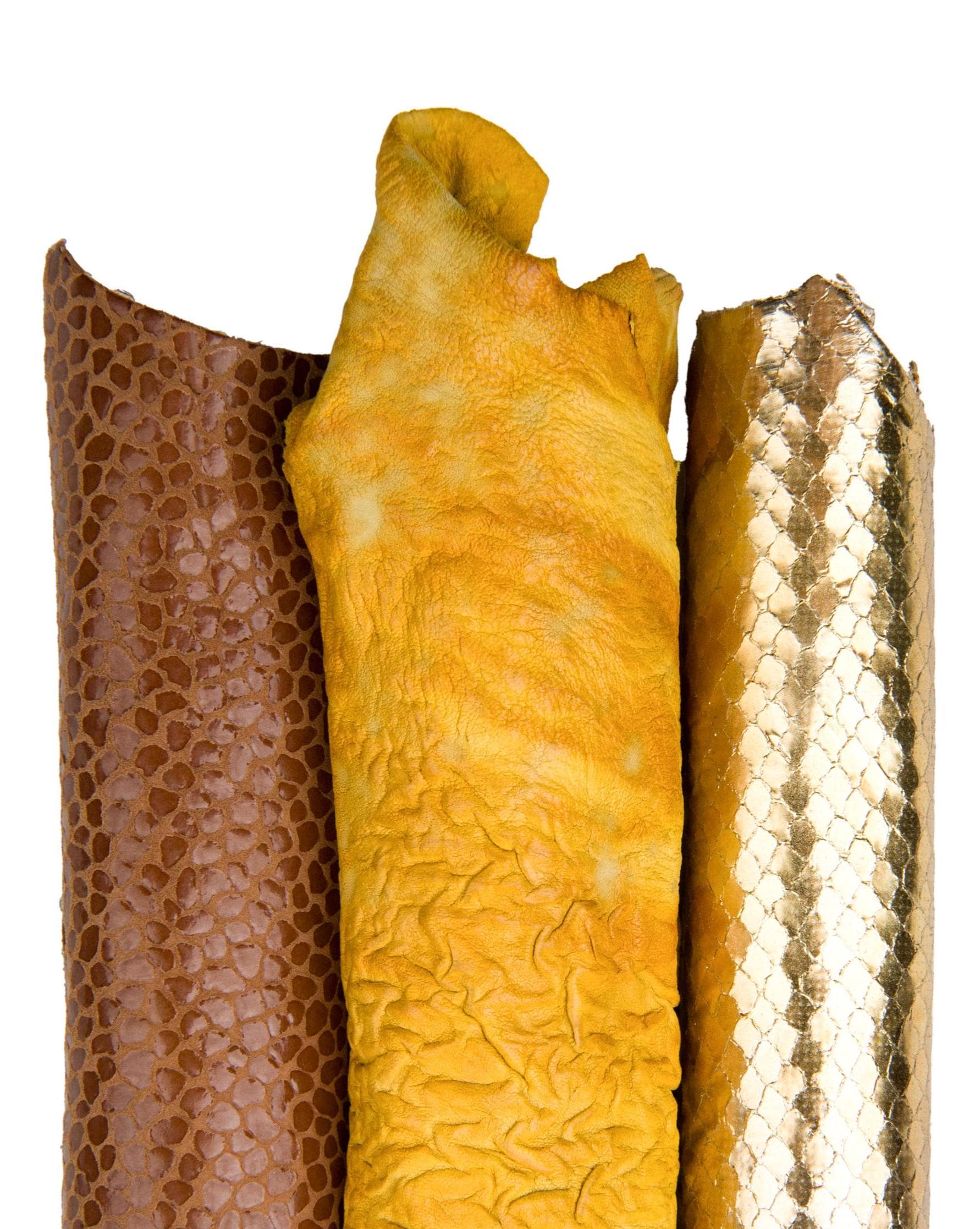 Warm tones coordinates leather skins, 3 selected luxury gold hides for bags and crafter B18271-MT(ST) La Garzarara