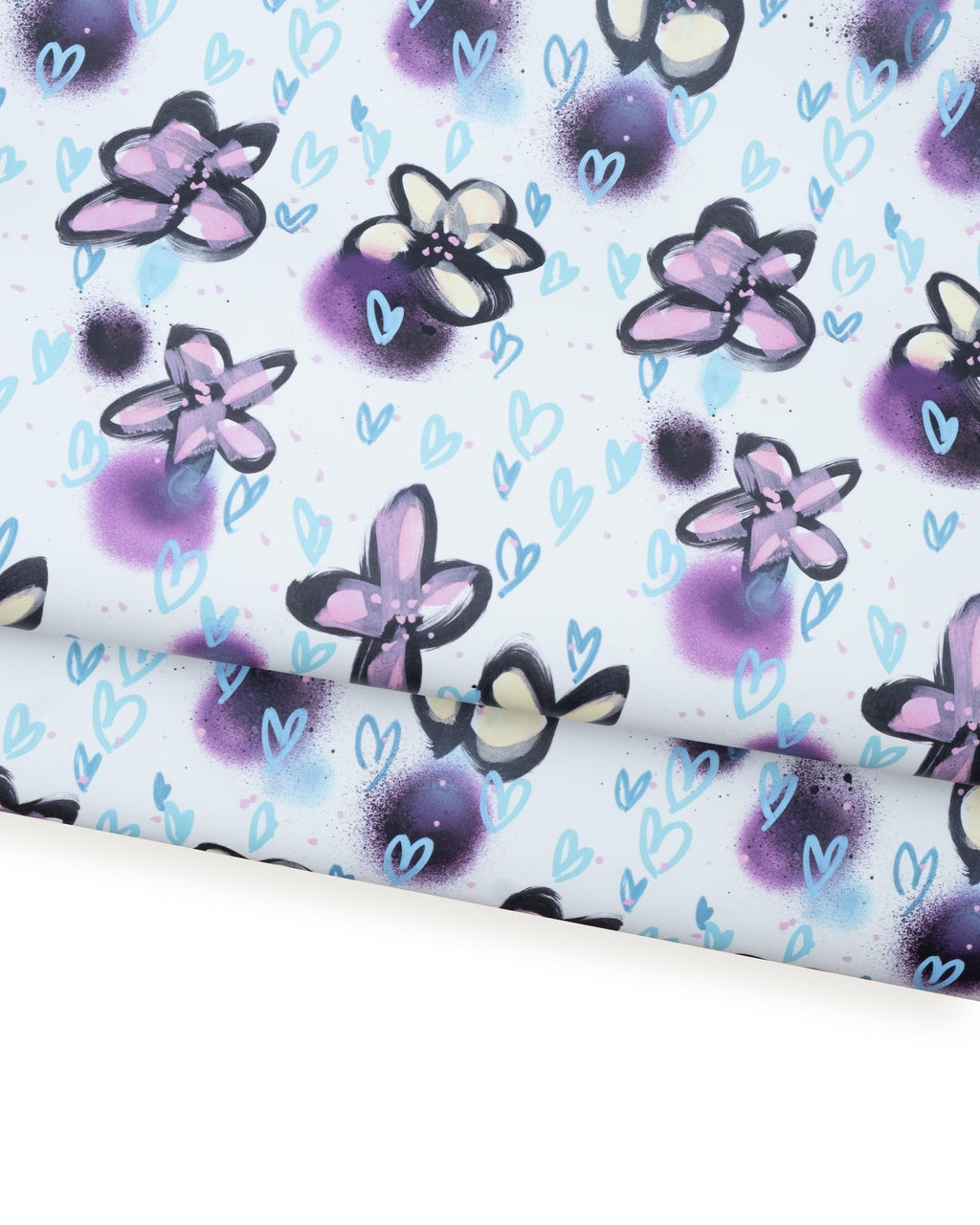 Colorful FLORAL printed leather, soft matte white calfskin with lilac purple and light blue hearts and flowers B18780-ST La GArzarara