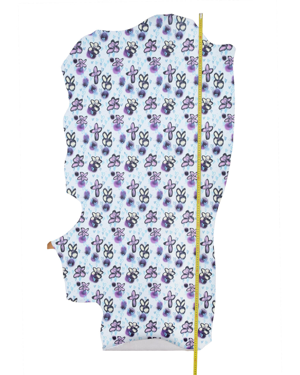 Colorful FLORAL printed leather, soft matte white calfskin with lilac purple and light blue hearts and flowers B18780-ST La GArzarara