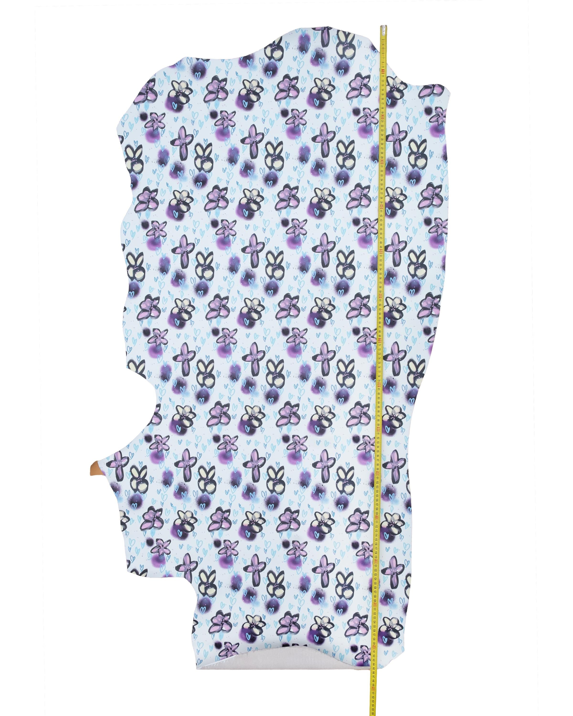 Colorful FLORAL printed leather, soft matte white calfskin with lilac purple and light blue hearts and flowers B18780-ST La GArzarara