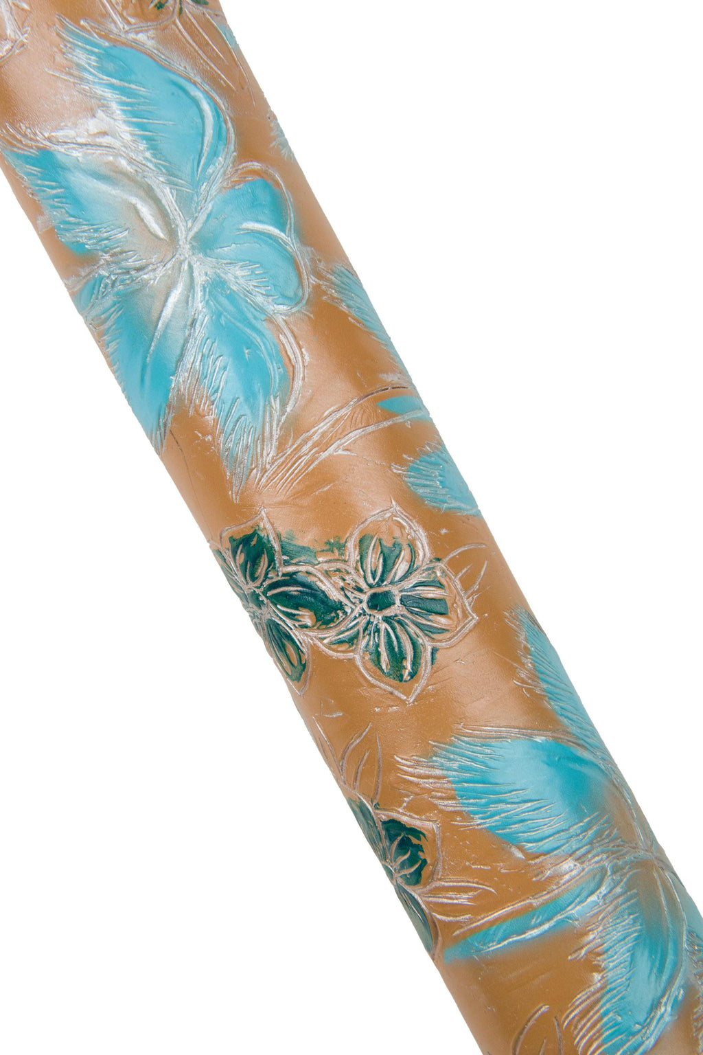 FLORAL printed leather hide, green and turchoise flower texture - with silver borders - on brown calfskin, fine embossed cowhide B18496-ST