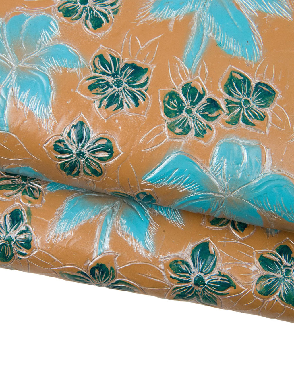 FLORAL printed leather hide, green and turchoise flower texture - with silver borders - on brown calfskin, fine embossed cowhide B18496-ST