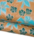FLORAL printed leather hide, green and turchoise flower texture - with silver borders - on brown calfskin, fine embossed cowhide B18496-ST