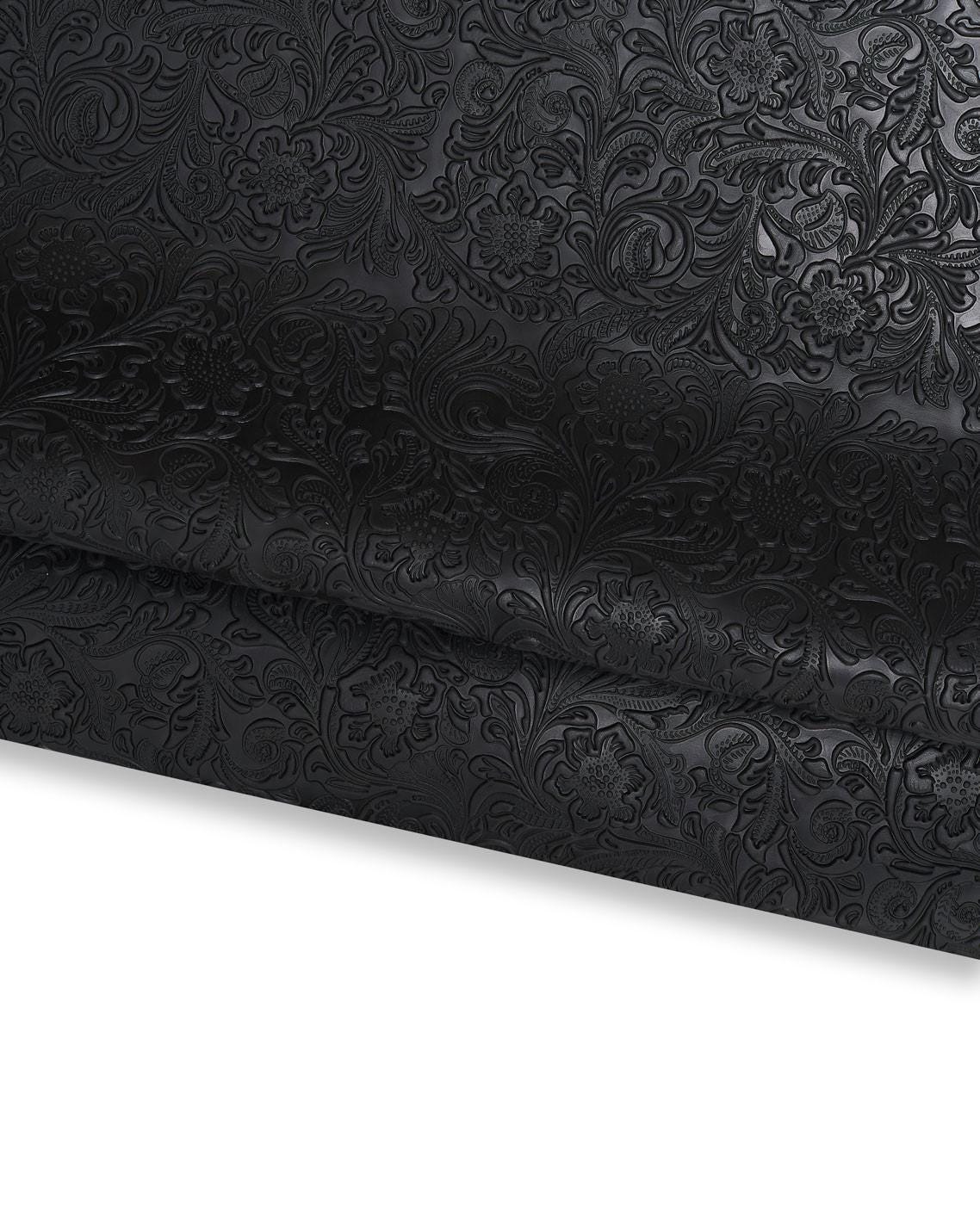 Black floral embossed leather cowhide, CHARRO flower print in RELIEF on calfskin, 1.0 - 1.2 mm B17218-TB La Garzarara