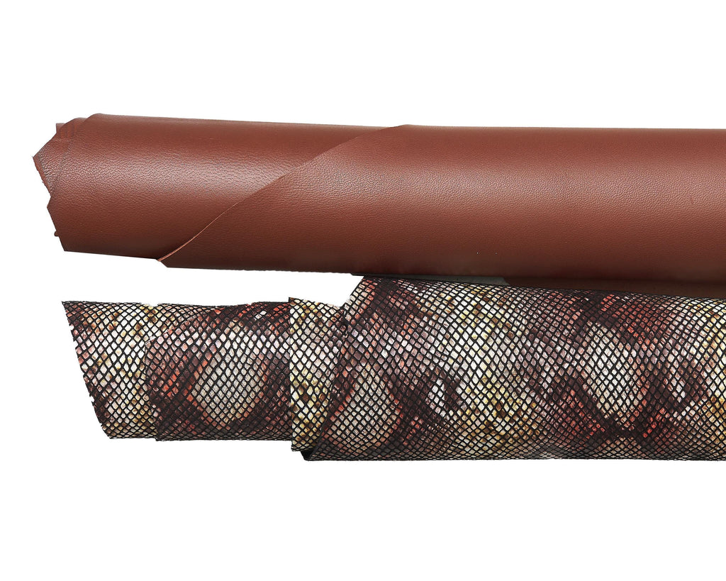 Brown PYTHON leather hide smooth and reptile embossed, warm cognac snake pattern textured skin full hides set B17168-ST La Garzarara