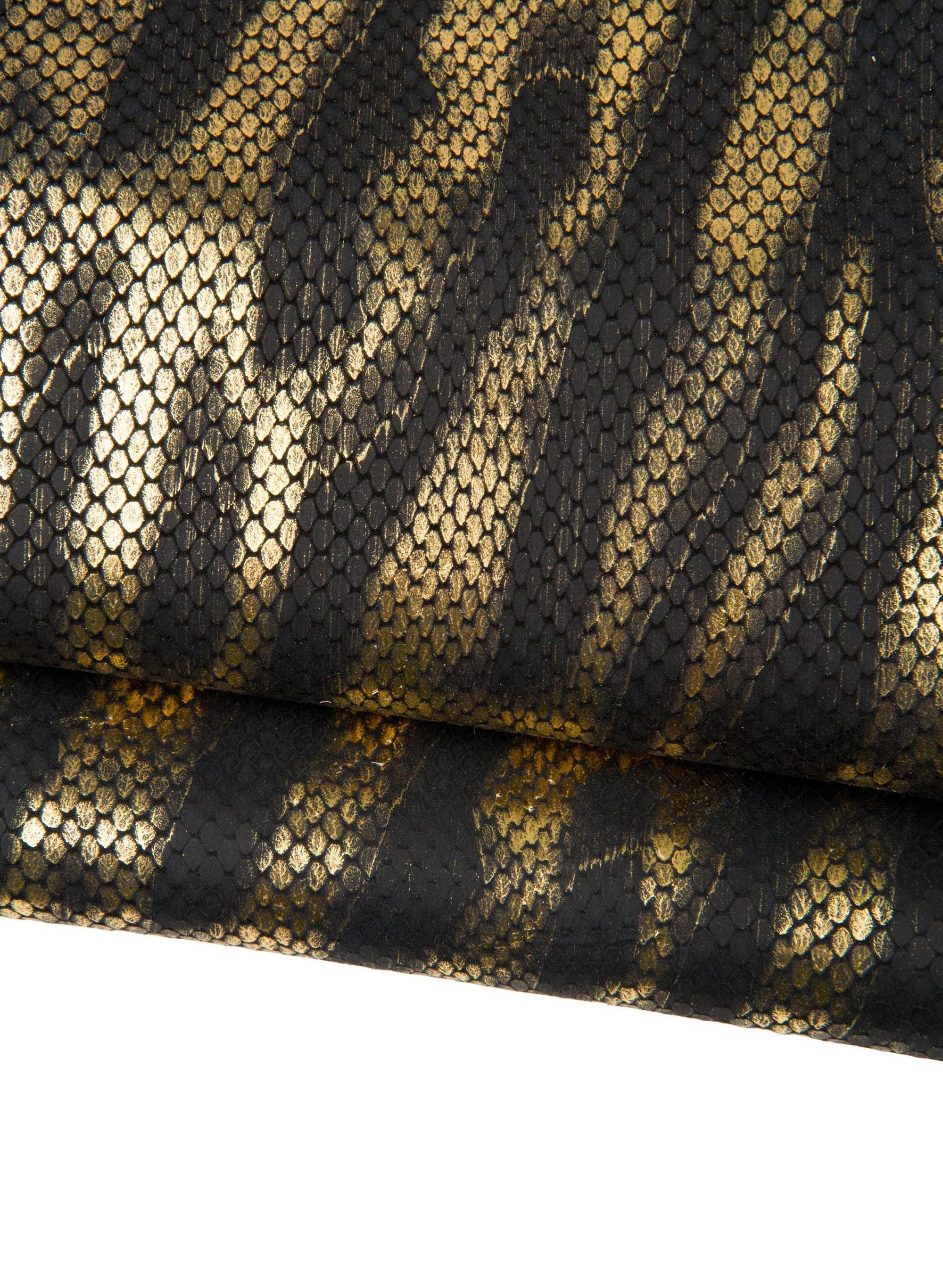 Black & Gold Python Print Leather, Metallic Snake, Embossed snakeskin Leather Hide B18608-MT(st)