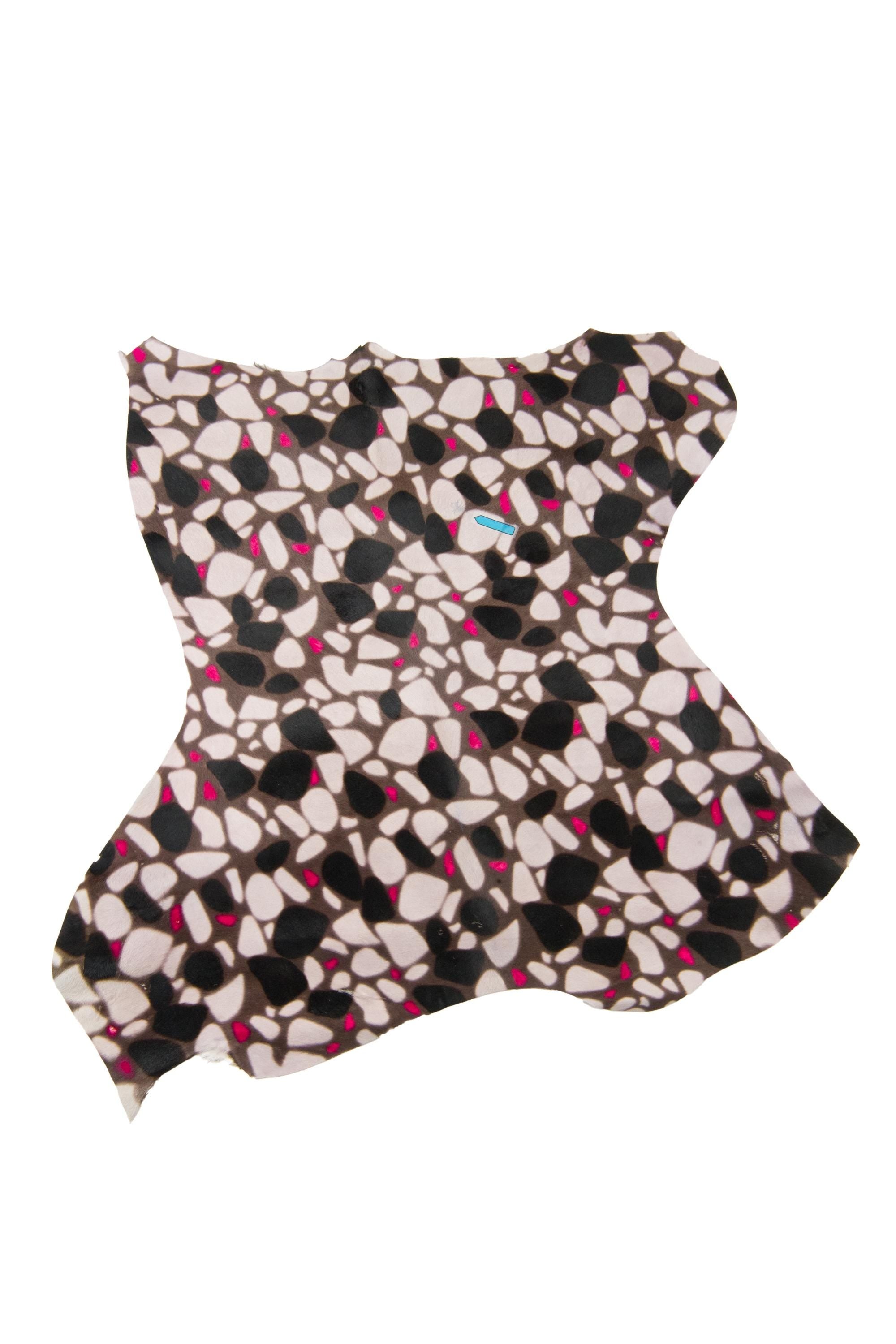 GEOMETRIC printed hair on leather hide, cream, black and fuchsia tones, graphic textured pony calfskin, cowhide for crafting B18637-CV