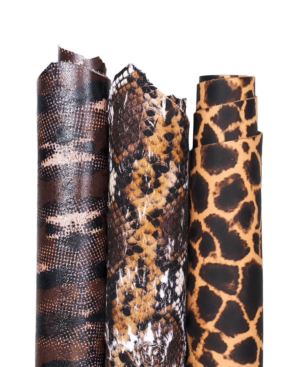 3 Exotic Leather Hides Python Leopard Giraffe Print Italian Leather Skins Designer Animal Pattern Set B18364-ST La Garzarara