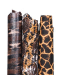 3 Exotic Leather Hides Python Leopard Giraffe Print Italian Leather Skins Designer Animal Pattern Set B18364-ST La Garzarara