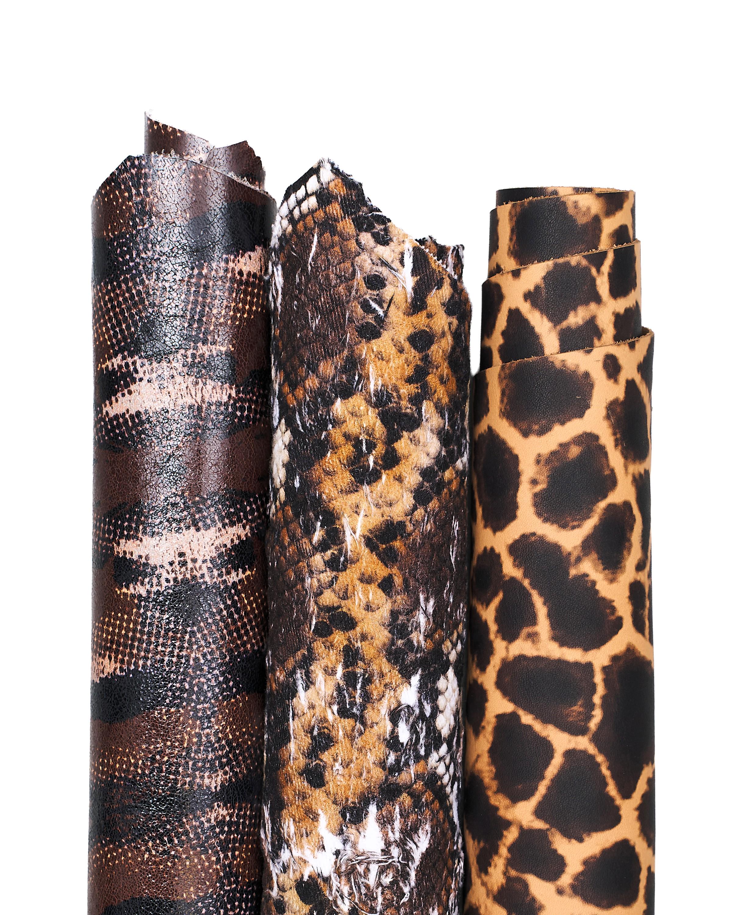 3 Exotic Leather Hides Python Leopard Giraffe Print Italian Leather Skins Designer Animal Pattern Set B18364-ST La Garzarara