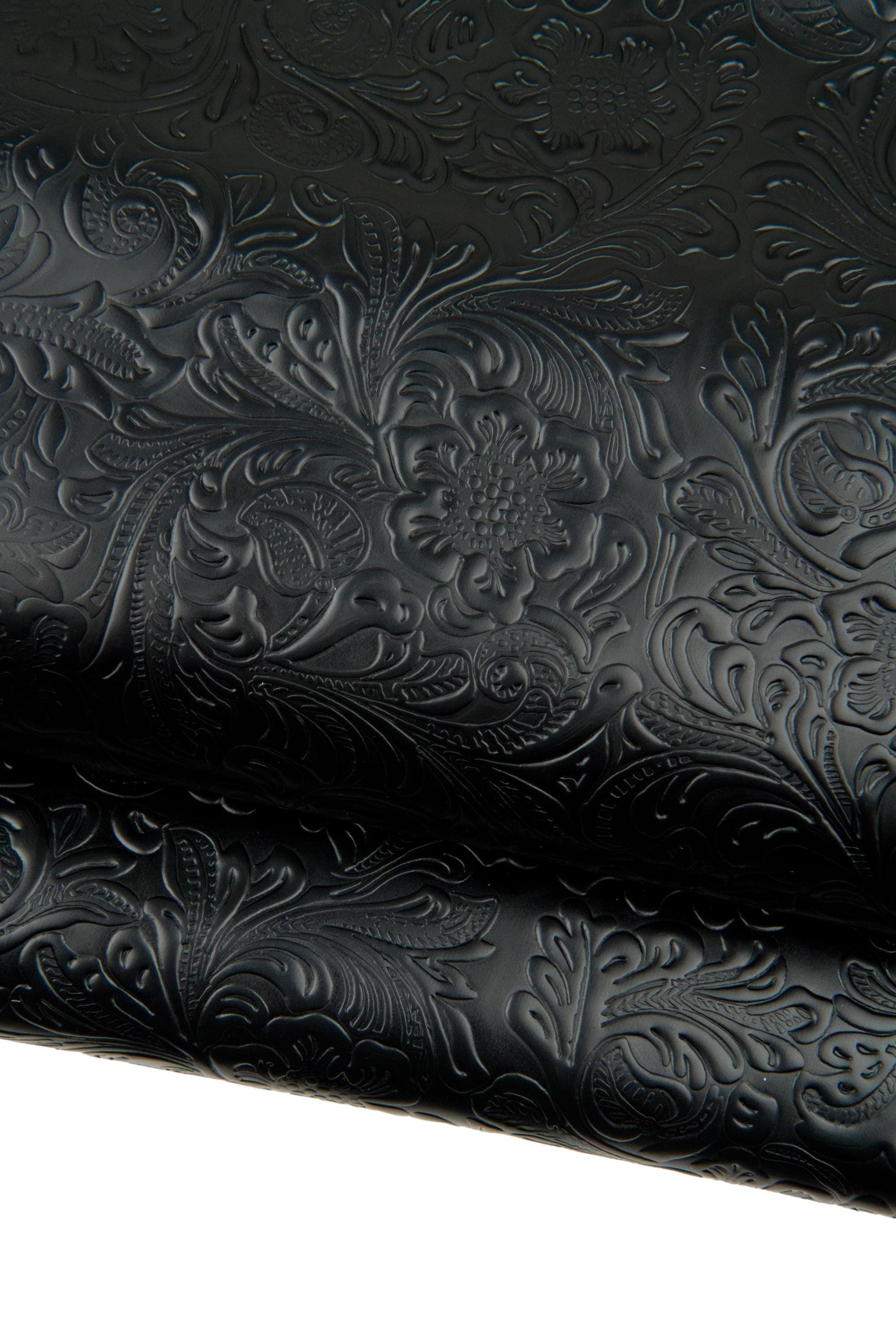 Black FLORAL embossed leather cowhide, CHARRO flower print in relief on calfskin, 0.8 - 1.0 mm B18664-TB La Garzarara