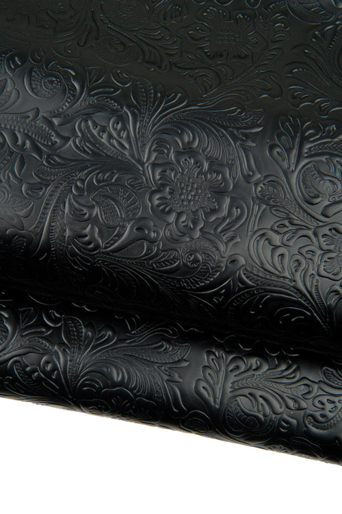 Black FLORAL embossed leather cowhide, CHARRO flower print in relief on calfskin, 0.8 - 1.0 mm B18664-TB La Garzarara