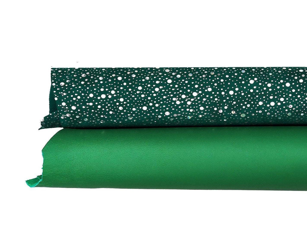 Green leather hide smooth finish, polka dot printed skin white spots, emerald fashion leather hide for bags. Set of 2 skins B17272-MT(st)