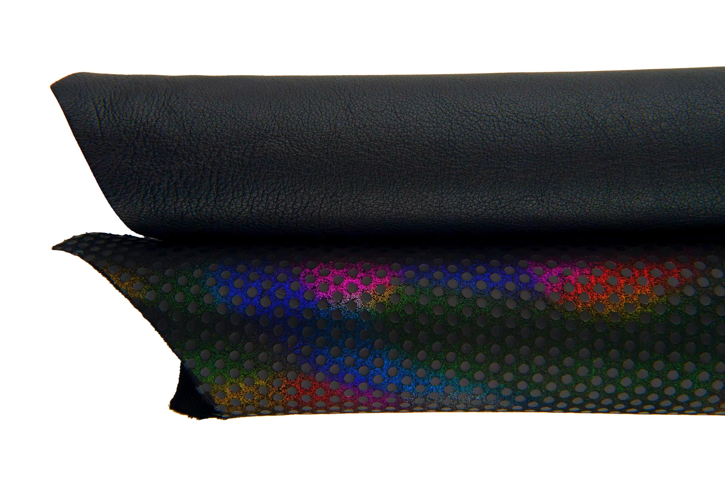 Black grain leather hide, holographic polka dot laminated skin, rainbow glossy fashion leather hide B17389-MT(ST) La Garzarara