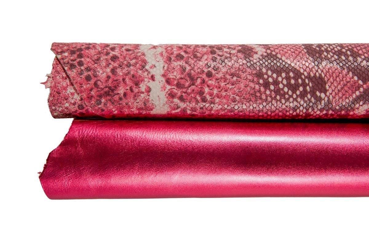 Raspberry RED goat skins, Set of printed hide and smooth soft metallic leather hides for craft tooling B16989-MT(st)