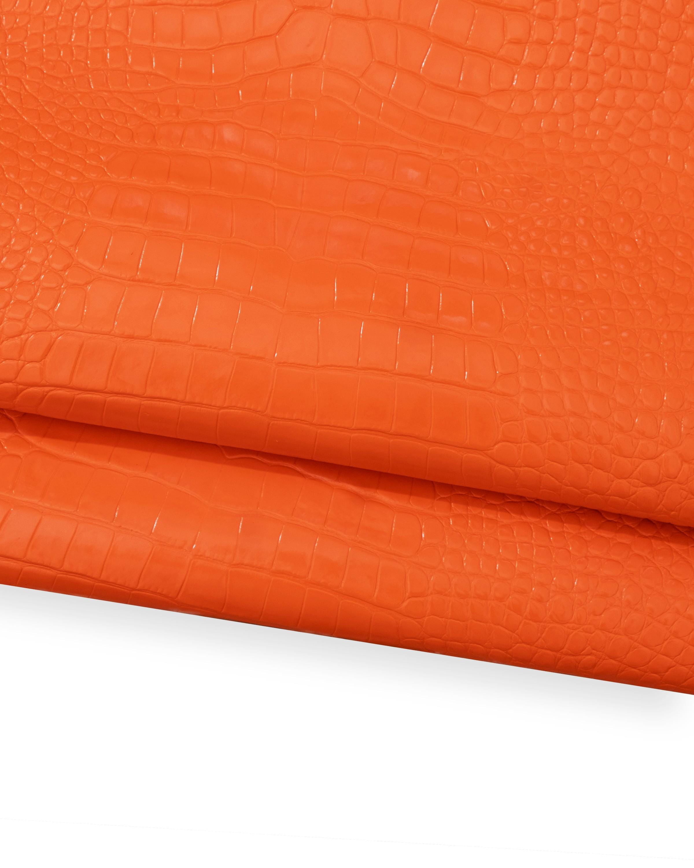 Orange CROCODILE embossed leather hide, matt PATENT calfskin, reptile printed cowhide for crafting B18674-ST La Garzarara