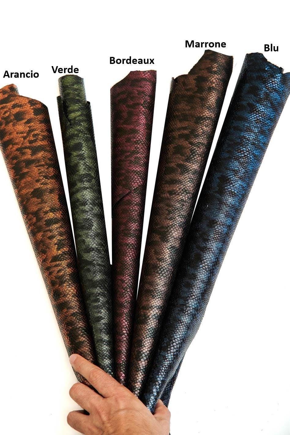 Python printed leather hide multicolor orange green burgundy brown blue, reptile textured goat skin B16561-MT(st) La Garzarara