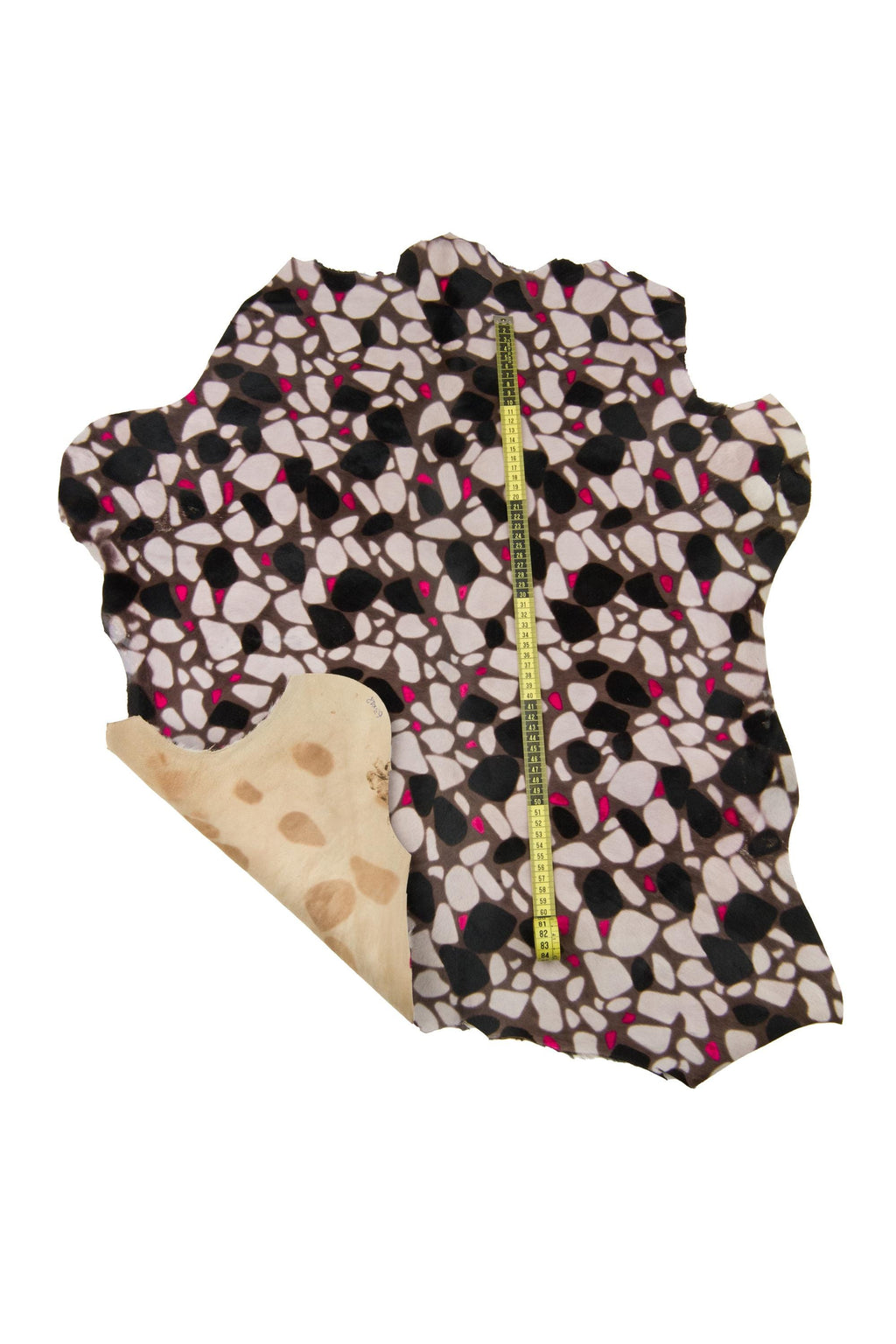 GEOMETRIC printed hair on leather hide, cream, black and fuchsia tones, graphic textured pony calfskin, cowhide for crafting B18637-CV