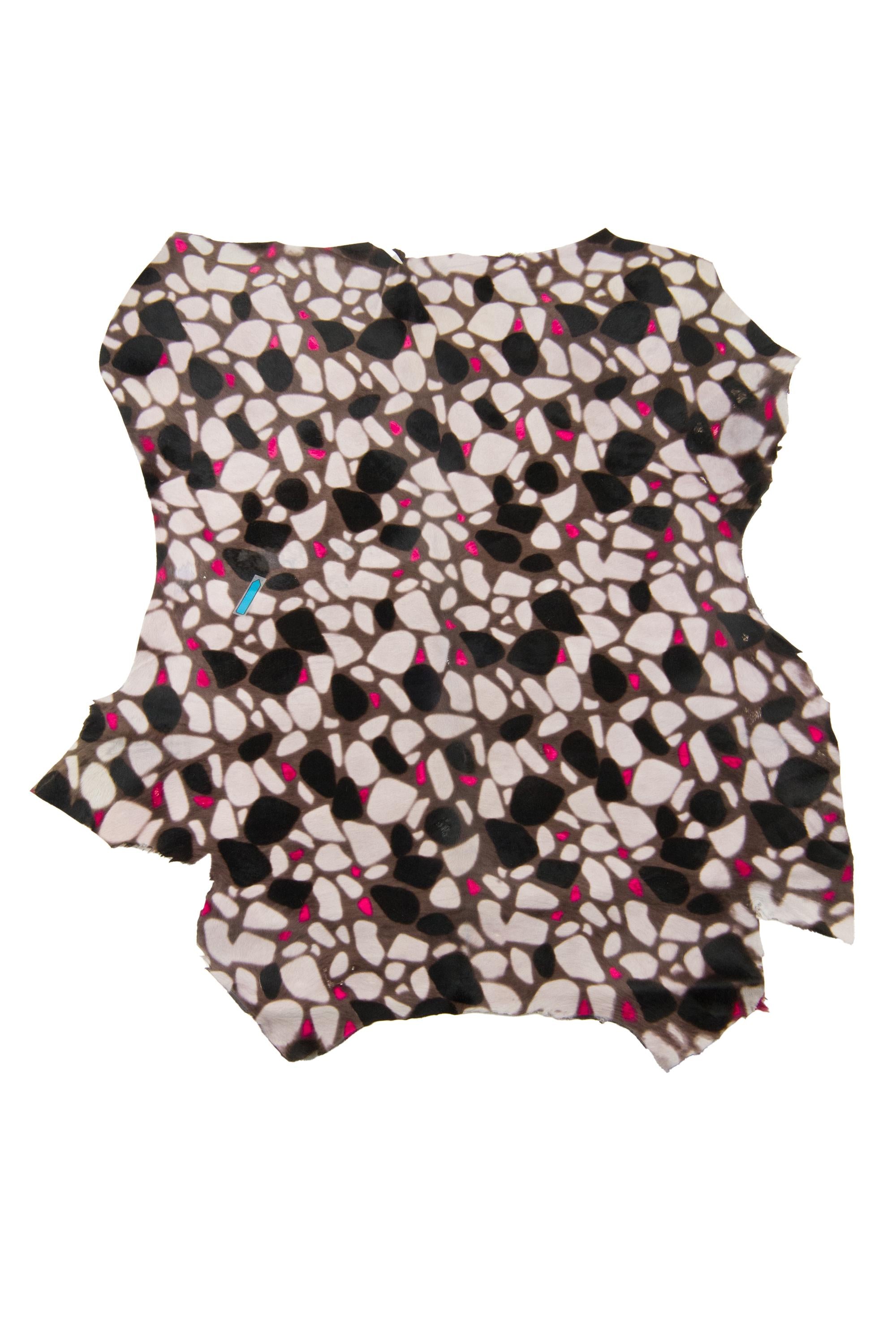 GEOMETRIC printed hair on leather hide, cream, black and fuchsia tones, graphic textured pony calfskin, cowhide for crafting B18637-CV