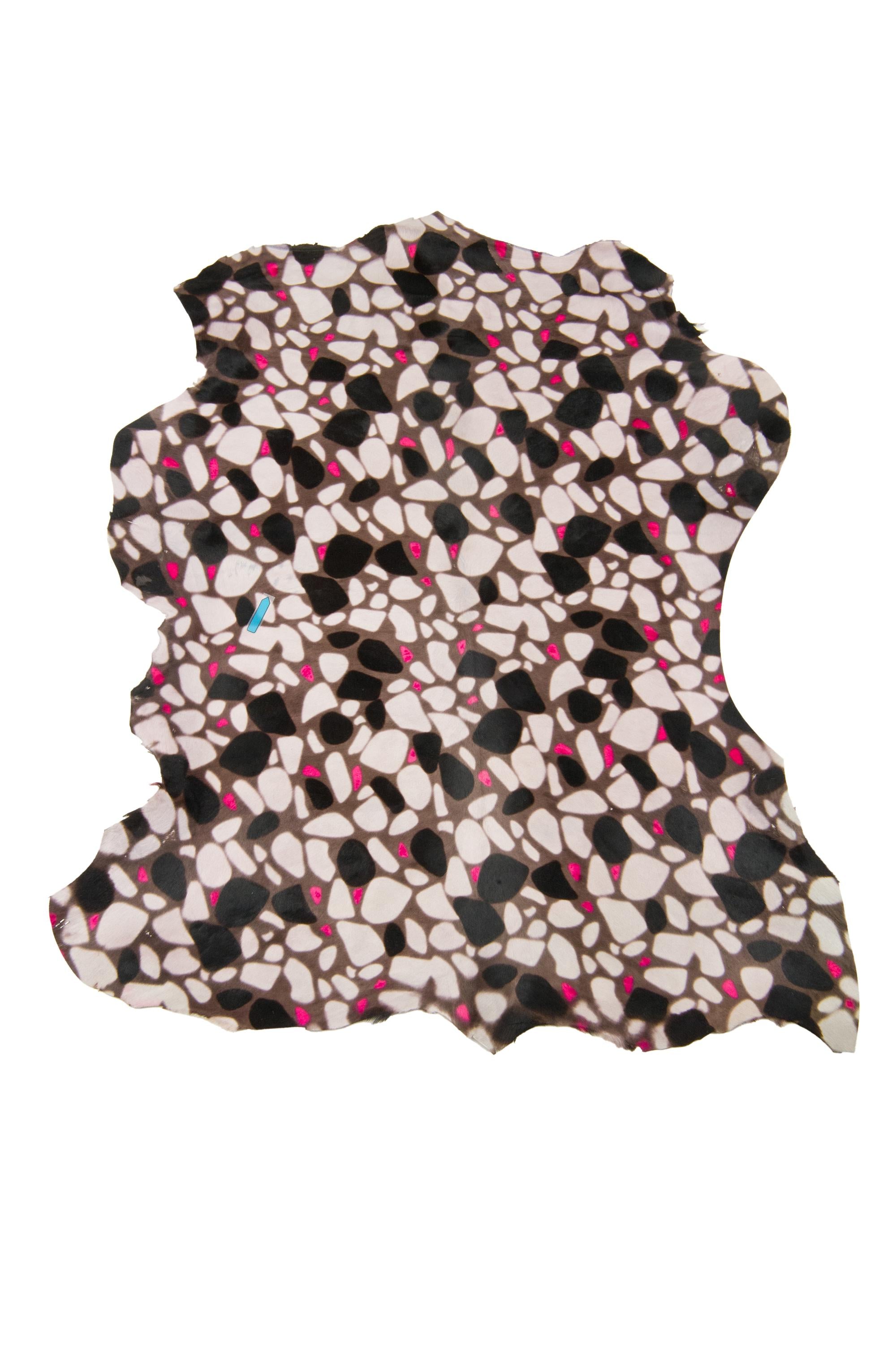 GEOMETRIC printed hair on leather hide, cream, black and fuchsia tones, graphic textured pony calfskin, cowhide for crafting B18637-CV