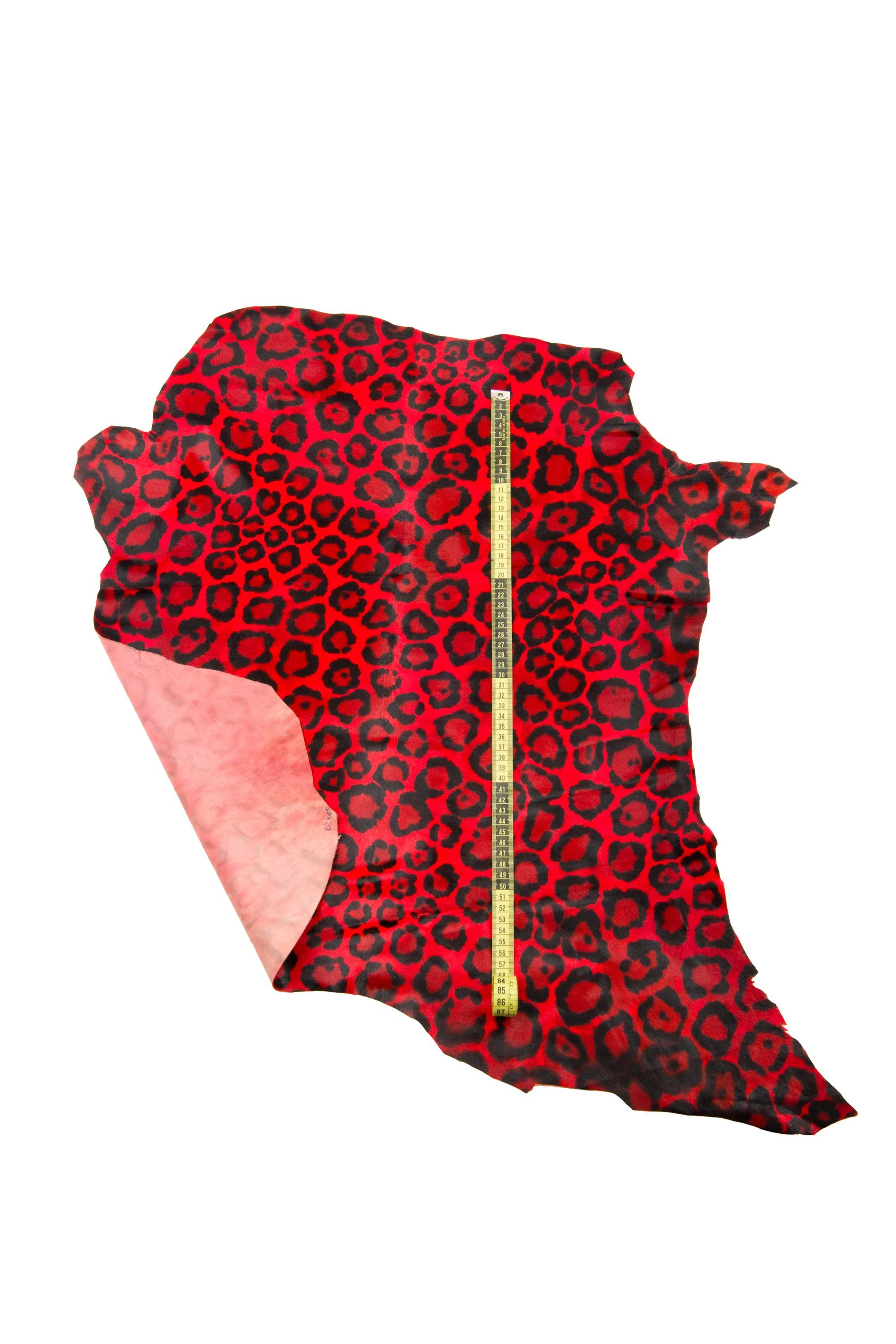 Red LEOPARD HAIR ON leather hide, red black cheetah print on hairy cowhide, elegant pony leather for crafting B18641-cv La Garzarara