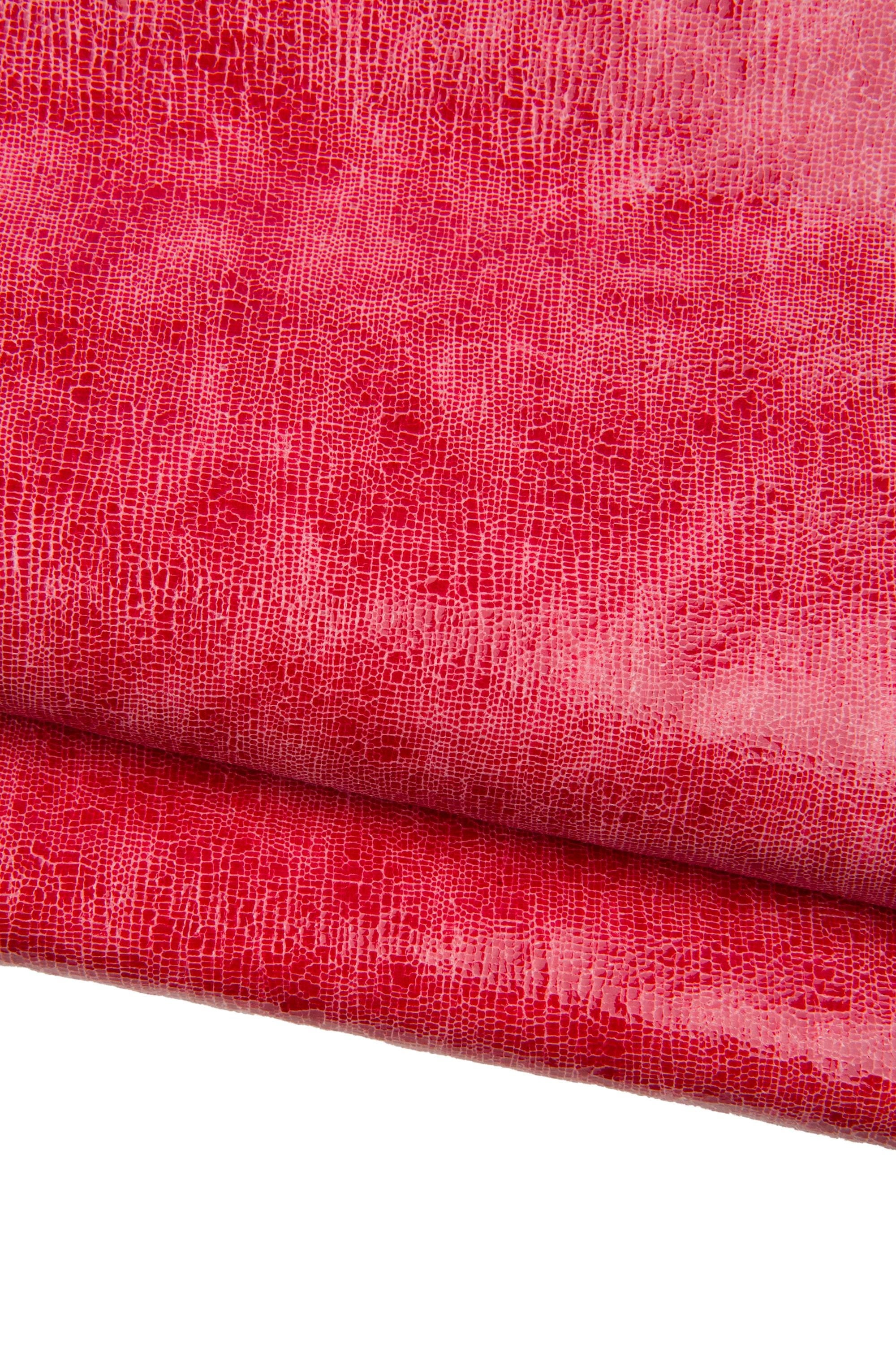 Red GLOSSY printed leather hide, CRACKLE texture on soft cowhide, metallic sporty calfskin for crafters B18715-ST La Garzarara