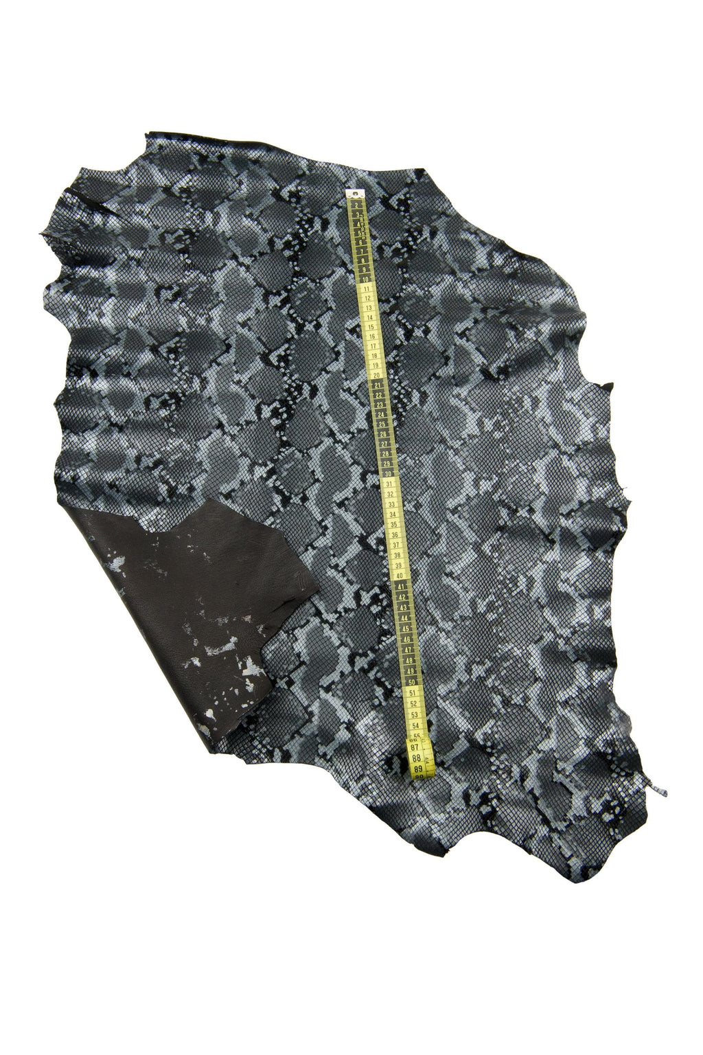 Snake print leather skin, grey - black reptile pattern on goatskin, glossy metallic python hide for diy projects B18766-MT(st)La Garzarara