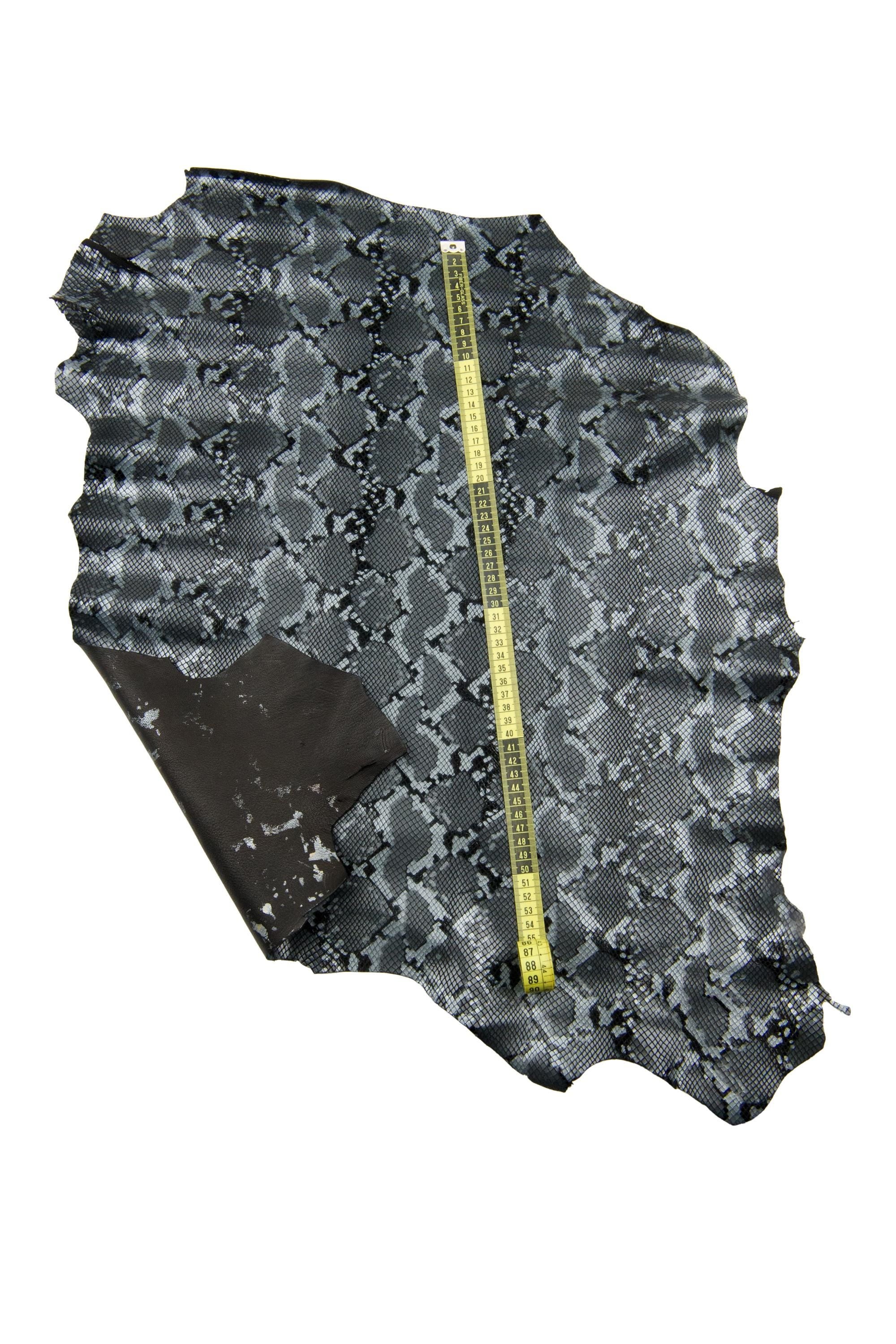 Snake print leather skin, grey - black reptile pattern on goatskin, glossy metallic python hide for diy projects B18766-MT(st)La Garzarara