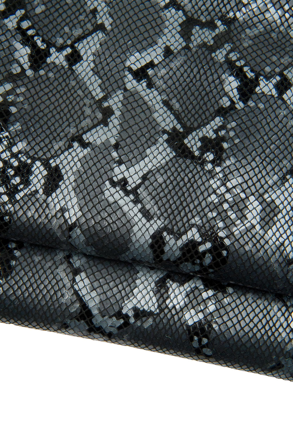 Snake print leather skin, grey - black reptile pattern on goatskin, glossy metallic python hide for diy projects B18766-MT(st)La Garzarara