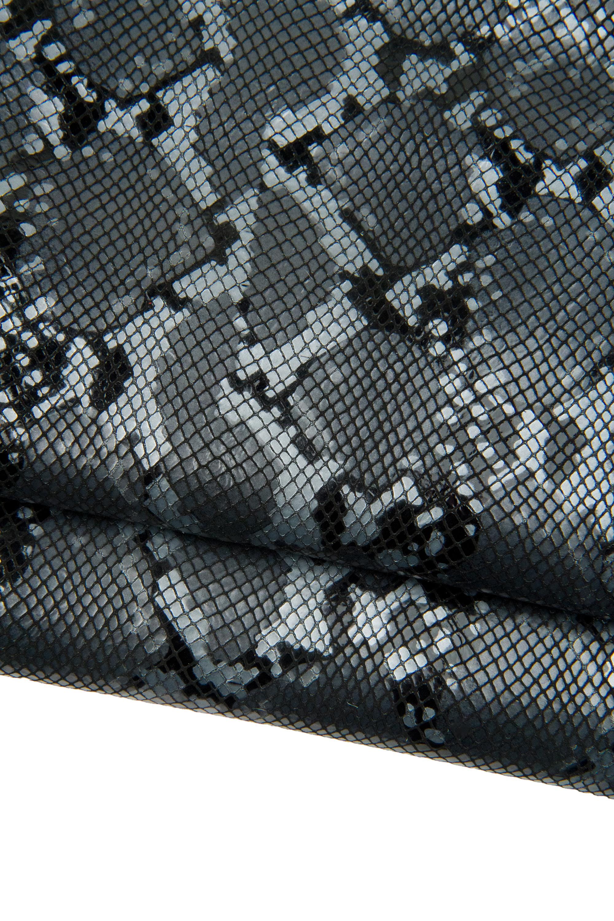 Snake print leather skin, grey - black reptile pattern on goatskin, glossy metallic python hide for diy projects B18766-MT(st)La Garzarara