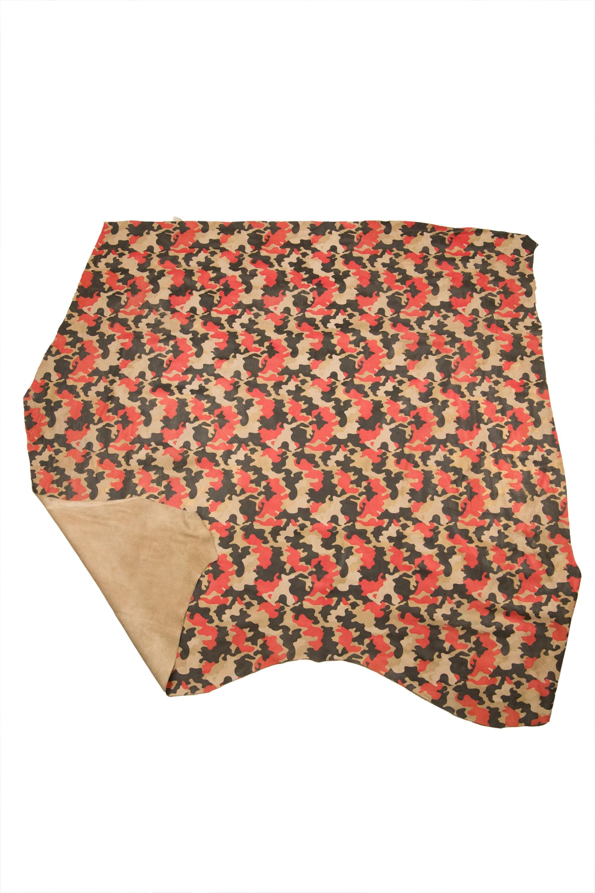CAMO leather hide, textured leather skin, red brown black GOLD pearling military print on suede split calfskin camouflage B17319-ST