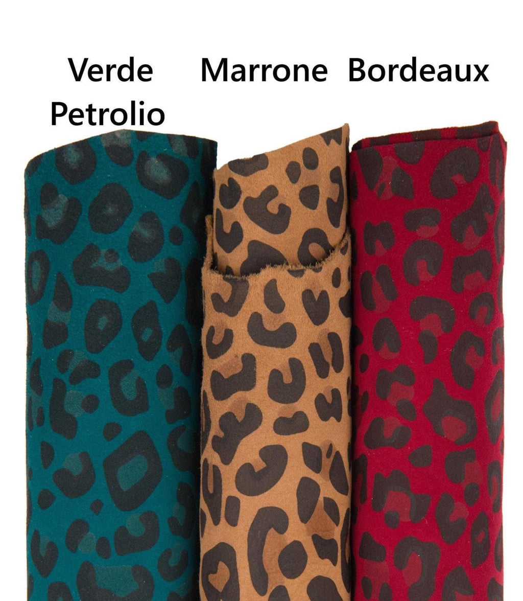 CHEETAH printed leather skin, LEOPARD textured suede goatskin, animal pattern on petroleum green, brown , burgundy soft skin B18682-ST