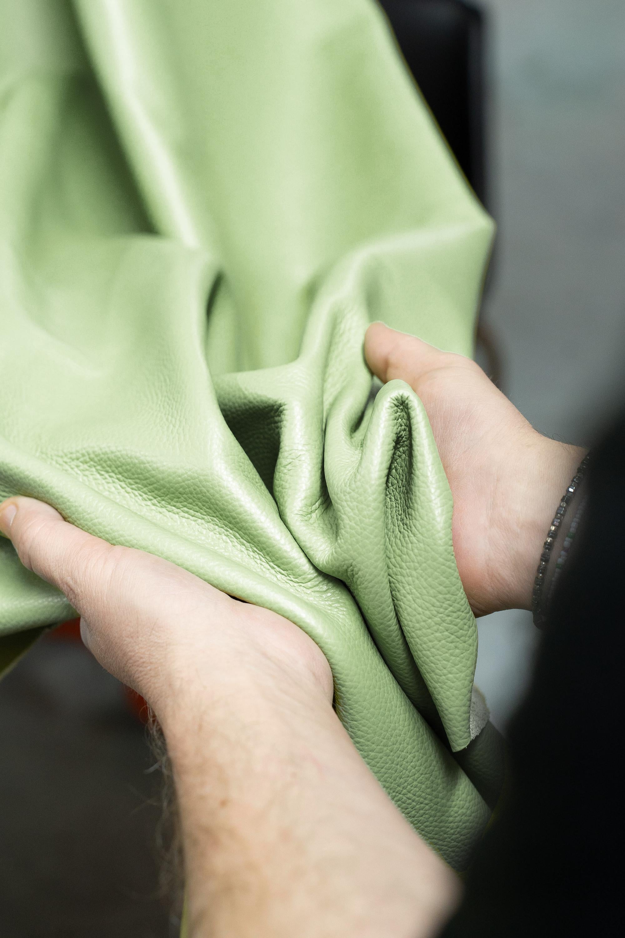 Pebbled Pastel Green leather hide, Natural grained cowhide skin for upholstery, chairs, sofas and structured bags 1.2 - 1.4 mm