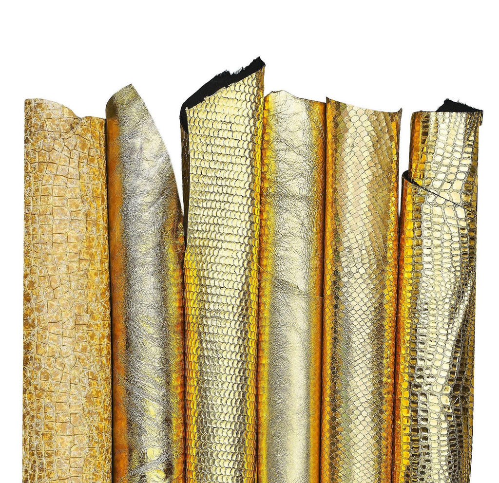 Set of Gold metallic leather skins, smooth metallic and CROCODILE PYTHON printed soft goatskins, hide for diy B18352-mt(st) La Garzarara