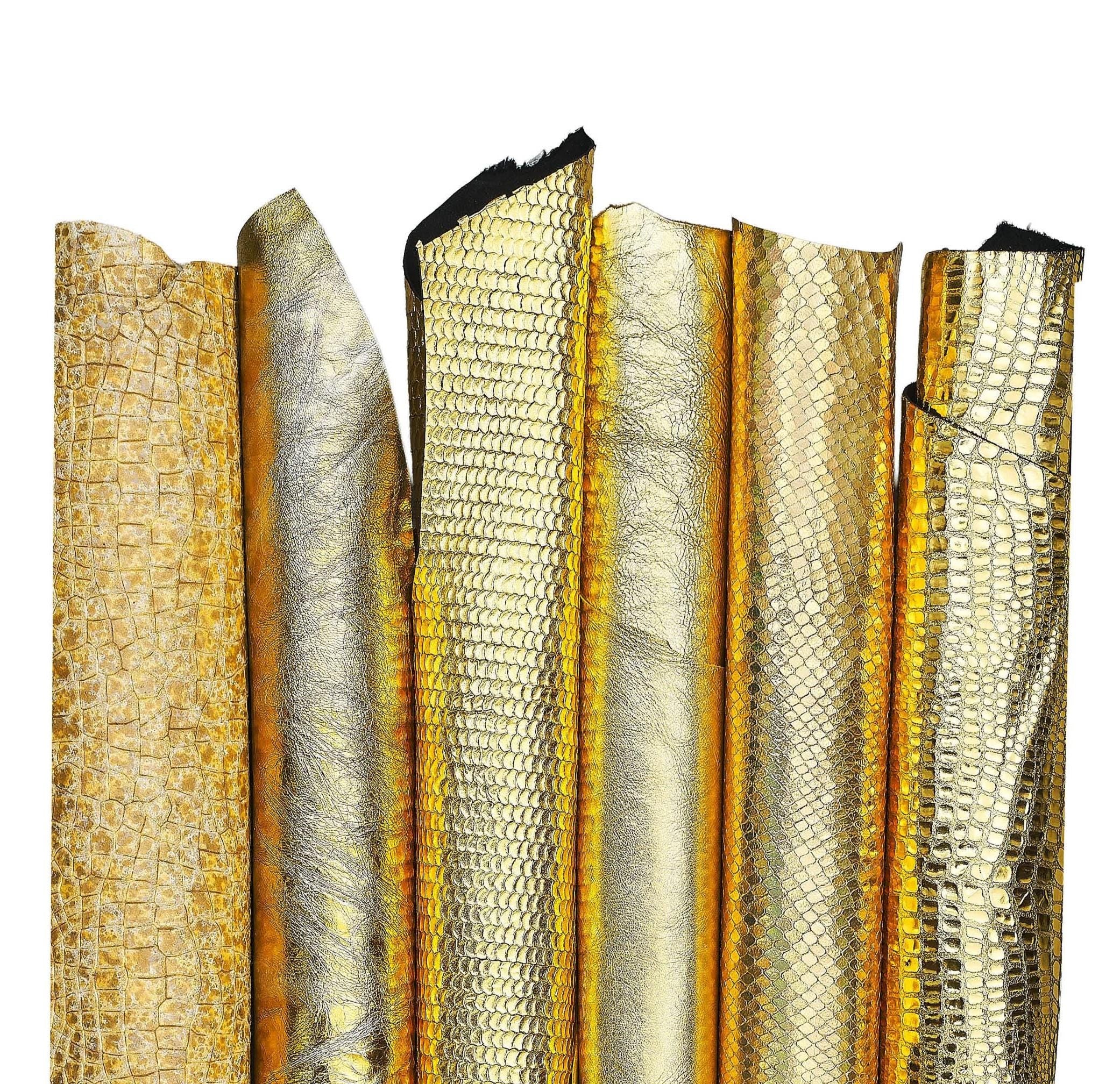 Set of Gold metallic leather skins, smooth metallic and CROCODILE PYTHON printed soft goatskins, hide for diy B18352-mt(st) La Garzarara