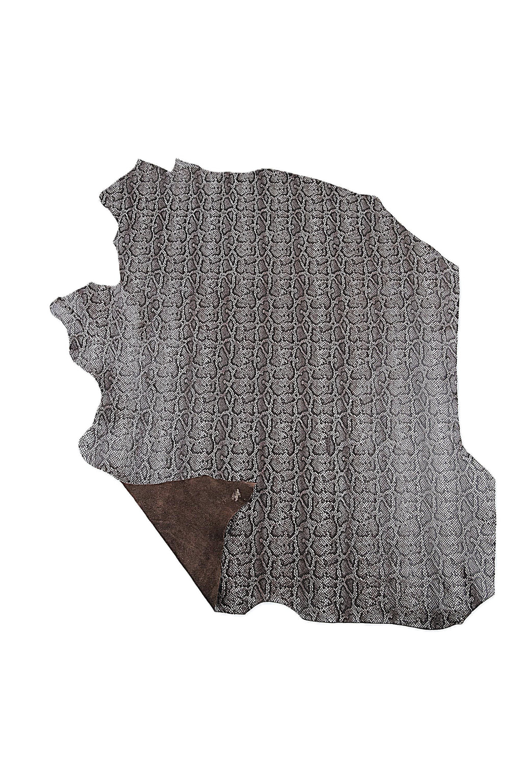 Grey PYTHON textured leather hide, shaded effect, glossy soft reptile printed on brown suede calfskin, snake pattern 1.1 - 1.2 mm B18124-ST