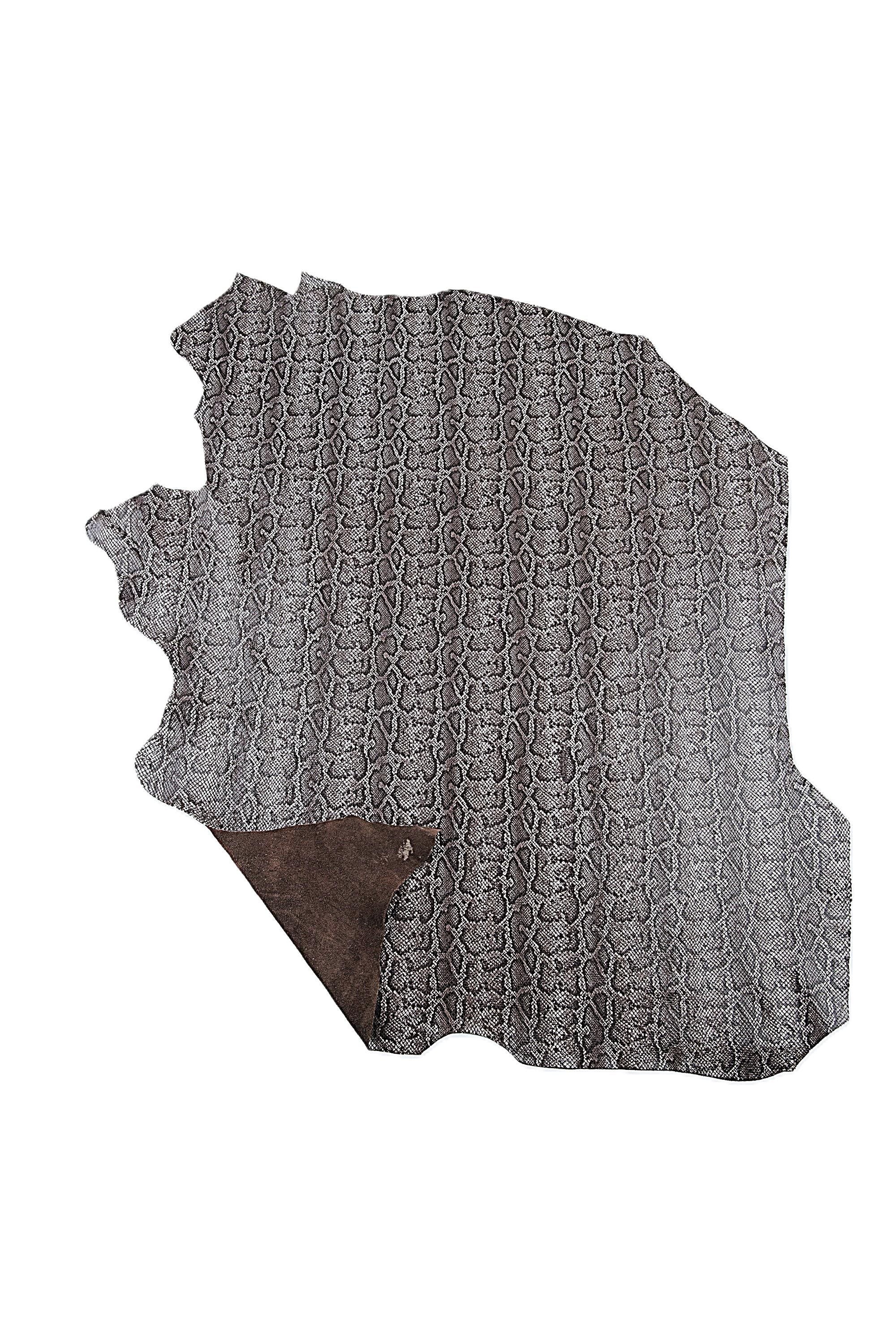 Grey PYTHON textured leather hide, shaded effect, glossy soft reptile printed on brown suede calfskin, snake pattern 1.1 - 1.2 mm B18124-ST