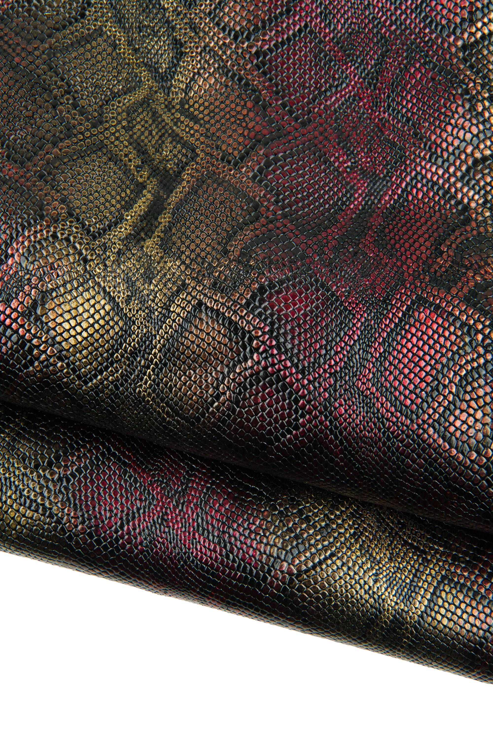 Gold - burgundy STRIPED PYTHON printed cowhide, snake embossed glossy leather skin, soft calfskin for crafting B18892-ST La Garzarara