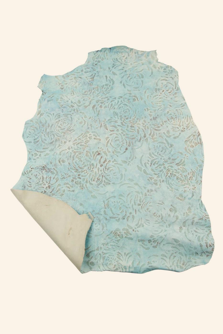 Floral printed leather hide, VINTAGE effect, matt abstract goatskin, sky blue with GLITTER leather hide B18887-ST La Garzarara