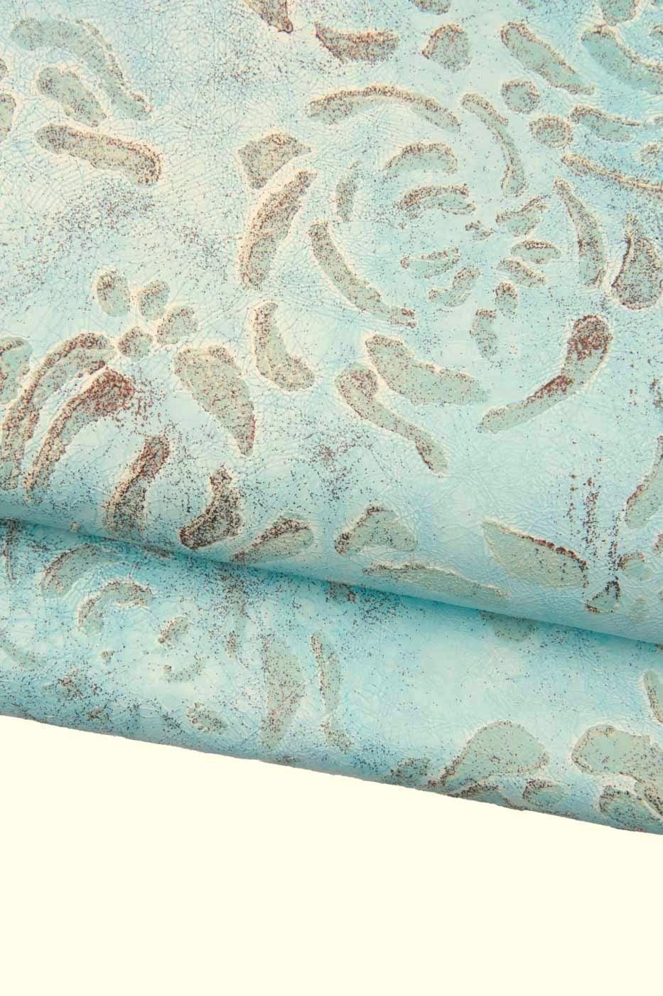 Floral printed leather hide, VINTAGE effect, matt abstract goatskin, sky blue with GLITTER leather hide B18887-ST La Garzarara