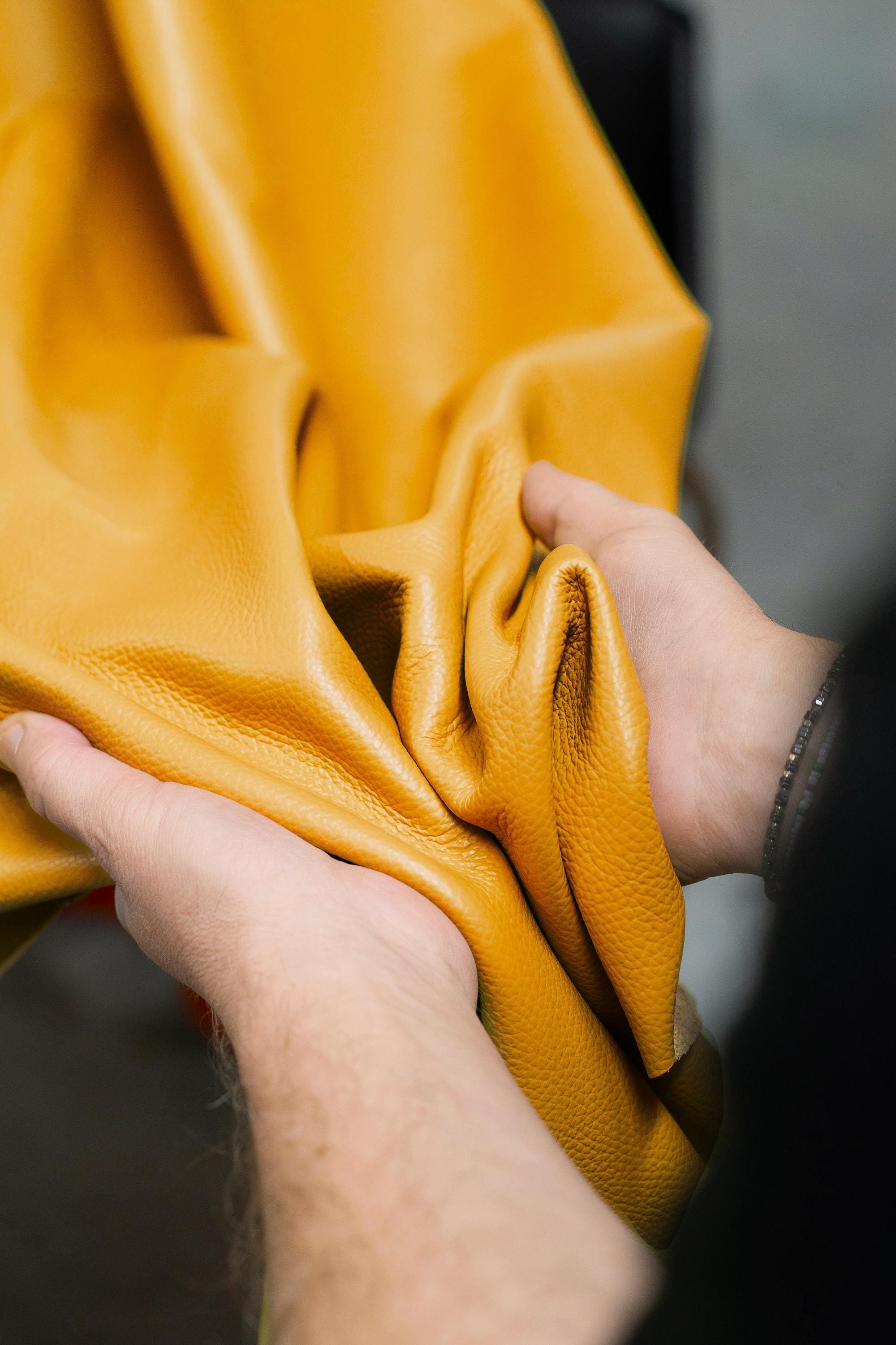 Large Ochre yellow Calf Leather Hide, Premium pebbled Italian cowhide leather, full size Calfskin 1.5 - 1.7 mm La Garzarara