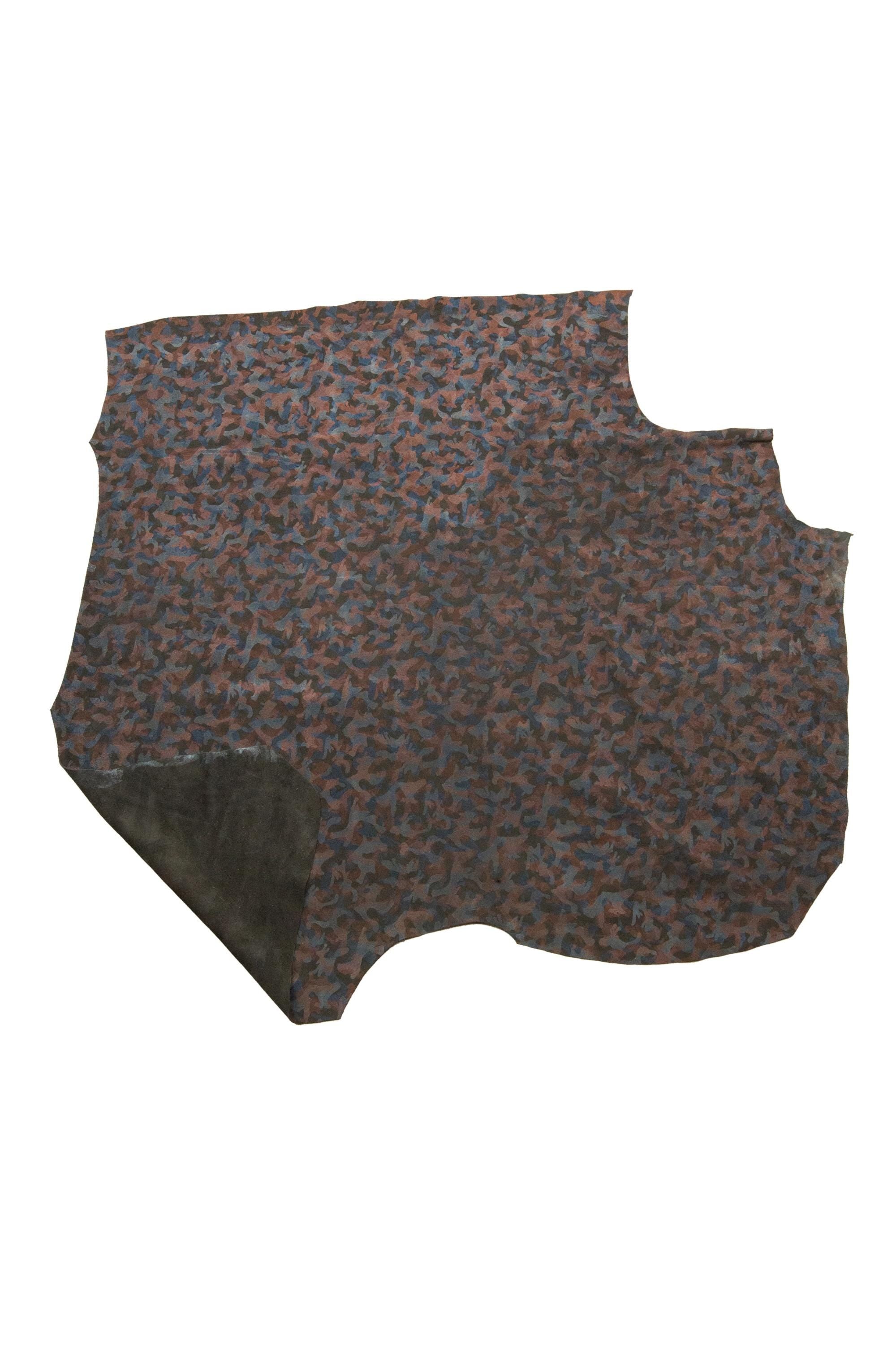 CAMOUFLAGE textured leather hide, brown black blue printed SUEDE cow hide, mimetic pattern on soft split calfskin B18919-ST La Garzarara