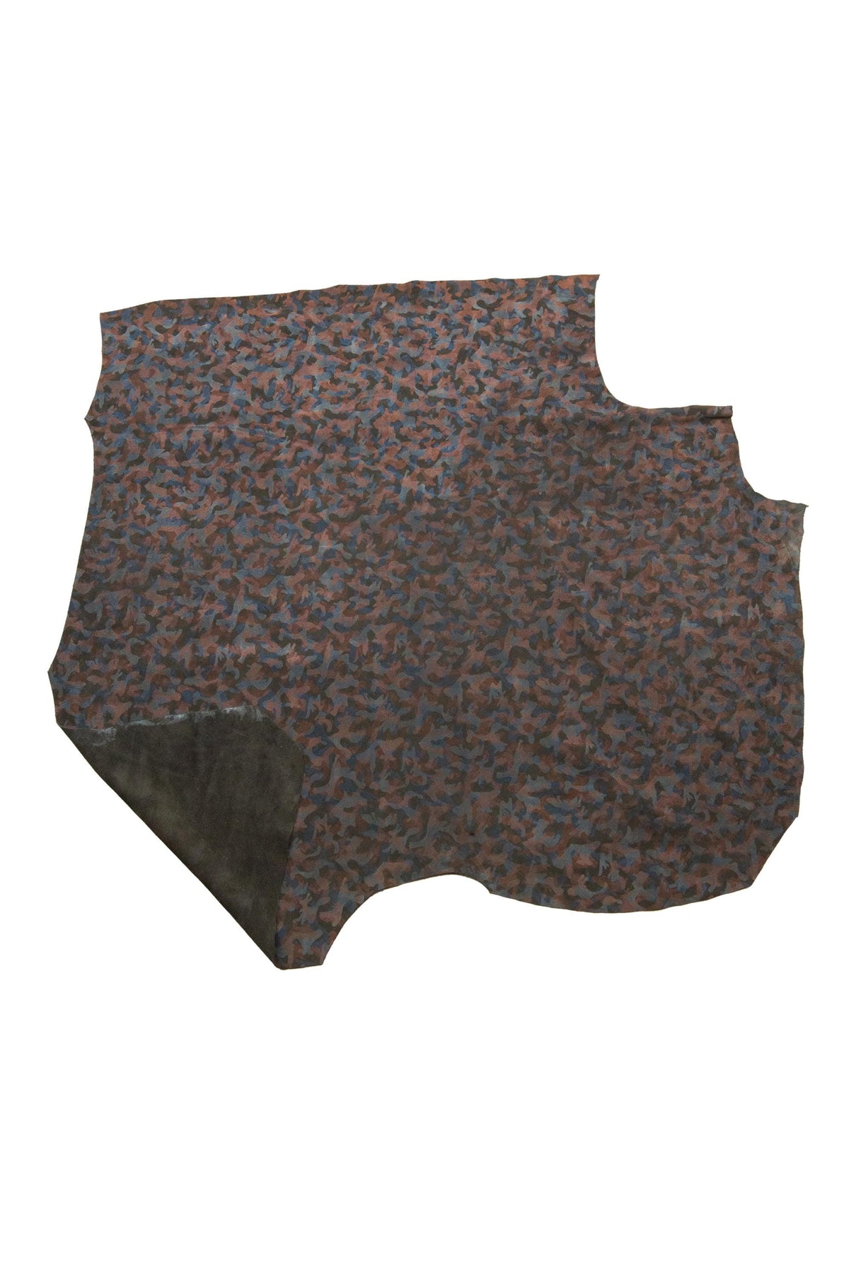 CAMOUFLAGE textured leather hide, brown black blue printed SUEDE cow hide, mimetic pattern on soft split calfskin B18919-ST La Garzarara