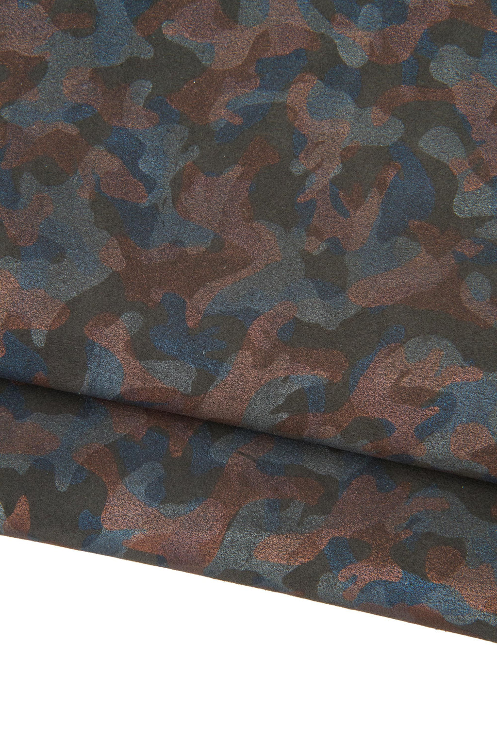 CAMOUFLAGE textured leather hide, brown black blue printed SUEDE cow hide, mimetic pattern on soft split calfskin B18919-ST La Garzarara